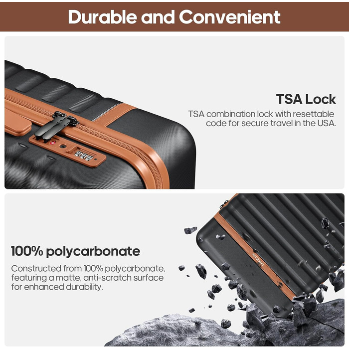 Набір валіз UKEIN 3 шт. з жорстким корпусом, для подорожей, з TSA замком та спіннер колесами. Включає рюкзак та косметичку. (Чорний/Коричневий)
