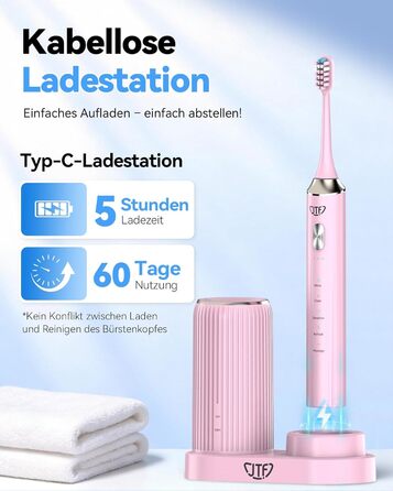 Електрична звукова зубна щітка JTF з УФ-дезінфекцією та сушінням, бездротова зарядка, 5 режимів чищення, 6 насадок, стаканчик, акумуляторна для дому та подорожей (Рожева)