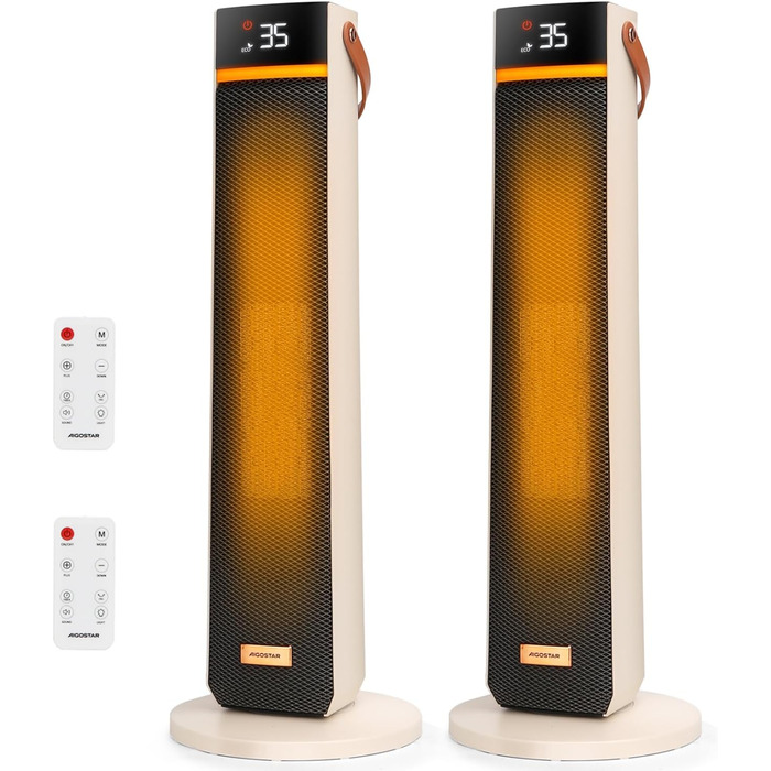 Електричний обігрівач Aigostar 2000W з пультом, ECO-режим, PTC кераміка, таймер 24г, тихий, осциляція 75°, 4 режими, захист від перекидання та перегріву, білий (2 шт)