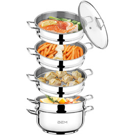 Набір для приготування на пару BEM: 6 предметів з нержавіючої сталі 18/10, діаметр 26 см. Російська мантоварка з вставкою для пари та скляною кришкою, каструля для приготування на пару, набір для приготування на пару. НЕ для індукційних плит.