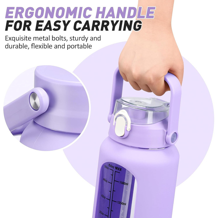 2L Glass Water Bottle with 2 Lids Flip and Go Lid 2 Liter Large Water Jug with Time Marker and Silicone Sleeve BPA-Free Leakproof for Sports Gym, (Purple)