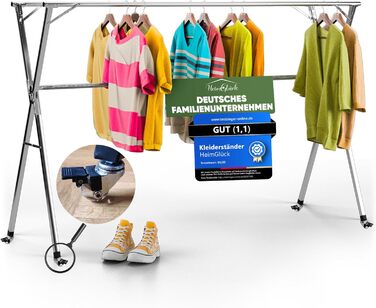 Clothes Rack / Laundry Rack + Bag Moritz [Extendable 1.30-2.0m, foldable, very stable stainless steel] Clothes Rail, Coat Rack, Entrance Hall Coat Rack, Open Wardrobe (Silver, with hooks / with bag / with wheels)