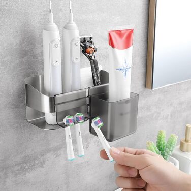 Тримач для електричної зубної щітки з аксесуарами для ванної кімнати, нержавіюча сталь, настінний, без свердління, сріблястий