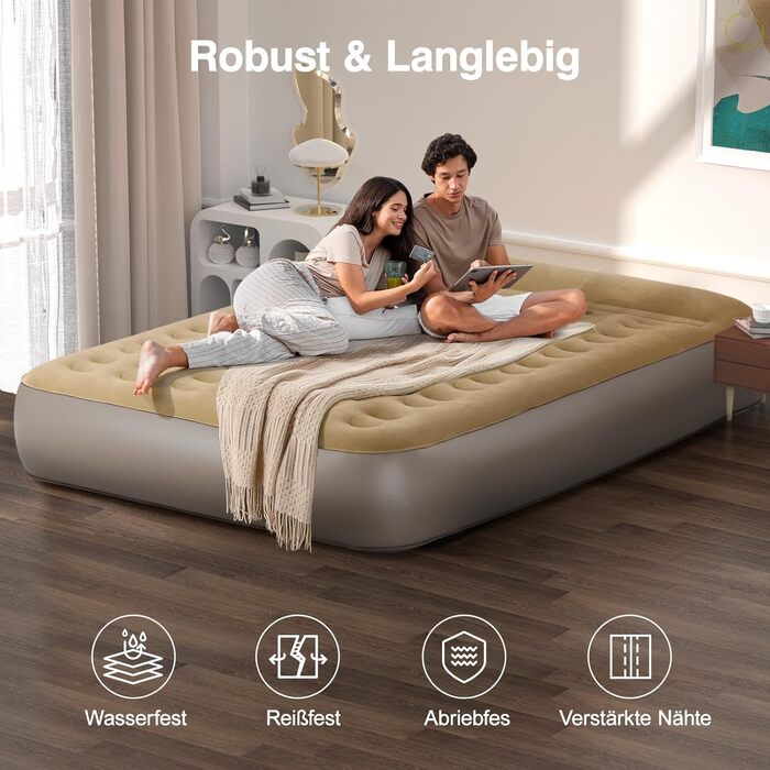 Надувне ліжко Lewondr на 2 особи з вбудованим насосом, комфортна повітряна матрац, самонадувна ліжко для кемпінгу, дому, гостей, подорожей (300 кг MAX), (203x152x33 см, Хакі)