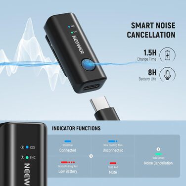 NEEWER Бездротовий петличний мікрофон KM23B: 48kHz/24Bit, 8 годин роботи, шумозаглушення, USB-C, сумісний з DJI, Insta360, iPhone, Android, PC
