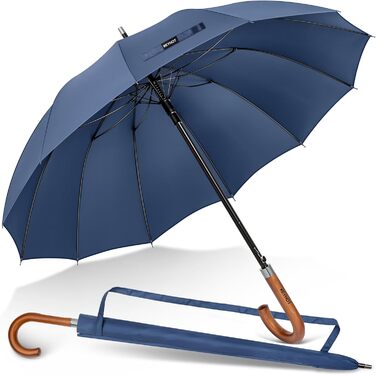Stormproof Umbrella - XL Wooden Handle Rain Stick Umbrella for Men & Women - 12 Ribs, 118cm, Marine Blue