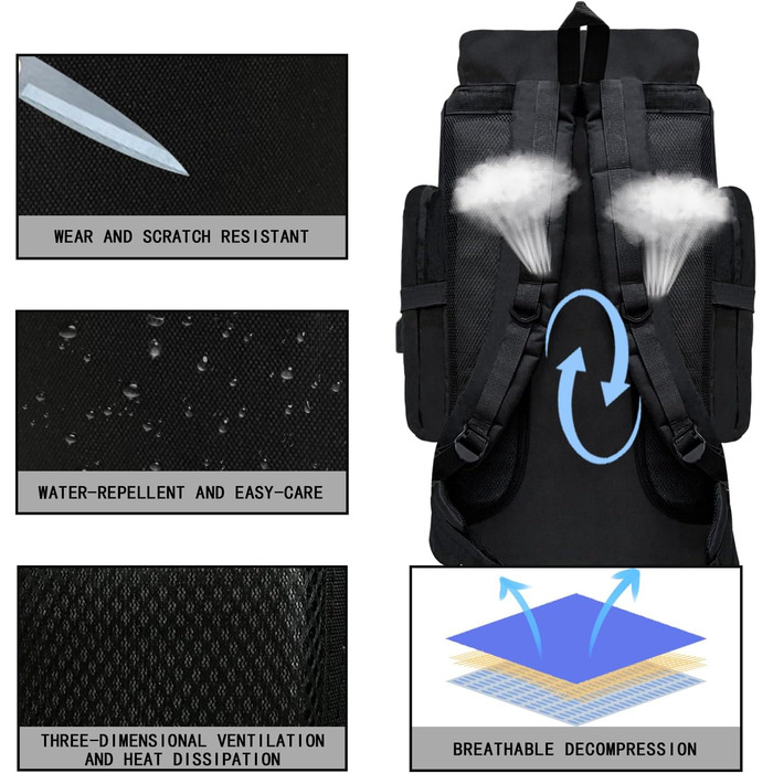 Wesoke 80L тактичний туристичний рюкзак MOLLE, водонепроникний, військовий, для походів і подорожей, велика місткість, чорний