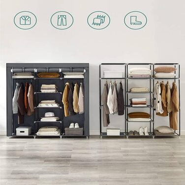 SONGMICS Wardrobe, Clothes Rack, Folding Closet Organizer with Clothes Rod, Clothes Stand, Storage, Pockets, Shoes, Bedroom, Dressing Room, 45 x 150 x 175 cm, RYG12B (Grey)