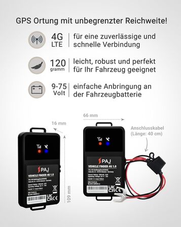4G GPS-трекер PAJ для мотоцикла, авто і транспорту, підключення 9-75V, захист від крадіжки, онлайн-моніторинг через додаток, 365 днів збереження маршрутів, монтаж на акумулятор, кабель 40 см