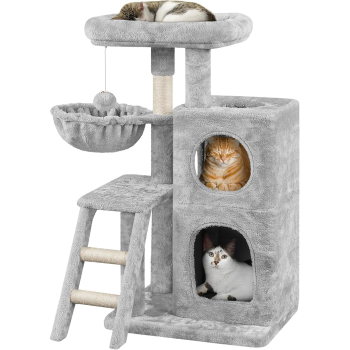 Yaheetech Cat Tree 94 cm high, Cat Climbing Tree for Cats, with Sisal Posts, Caves, Large Platform, Basket, Plush Balls, Light Grey
