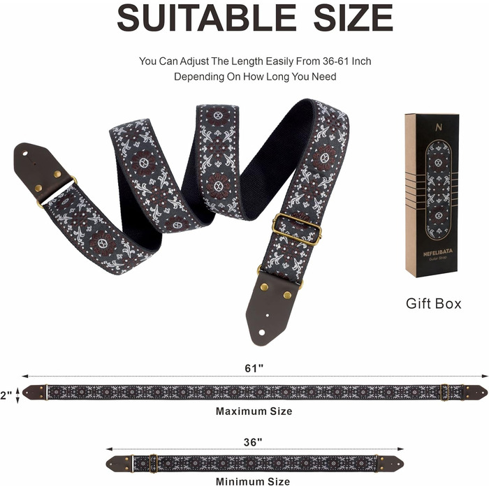 Гітарний ремінь Nefelibata з жаккардової бавовни з шкіряними кінцями Crazy Horse для бас-гітари, електрогітари та акустичної гітари. Подарунок для дітей та гітаристів