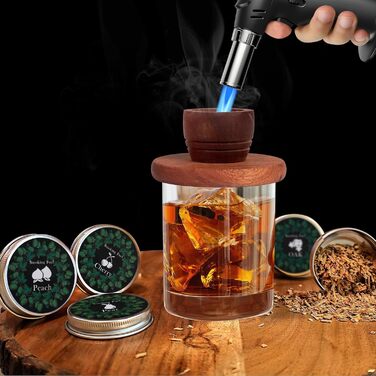 Набір для копчення коктейлів з факелом - 8 смаків дерев'яної стружки - Набір для диму Whiskey, Bourbon, Old Fashioned, подарунок на день народження, Різдво для чоловіків, тата, чоловіка