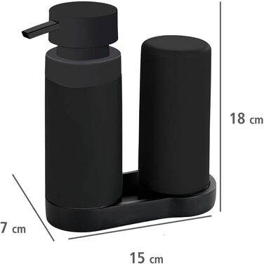 WENKO Easy Squeez-e Dish Station Black, a combination of a refillable dish soap and hand soap dispenser, ideal for bathrooms, kitchens, and guest toilets. Capacity approximately 250 ml per dispenser. Dimensions 15 x 18 x 7 cm.