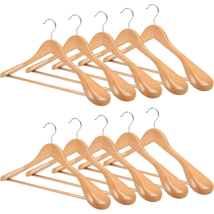 Дерев'яні вішалки для одягу 10 шт. – широкі плечики з натурального дерева, неслизькі та стабільні з перекладиною для штанів та 360° обертовим гачком, для костюмів, курток, сорочок та пальто, натуральне дерево