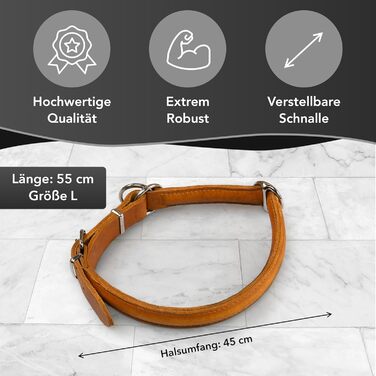 Rund & Weich - Dog Collar with Stop Feature - Size L - 55cm with Adjustable Buckle and Integrated Stable Core, Leather Collar with Pull Limiter, Gentle on Fur Pull Stopper, Cowhide Leather (55 L, Cognac)