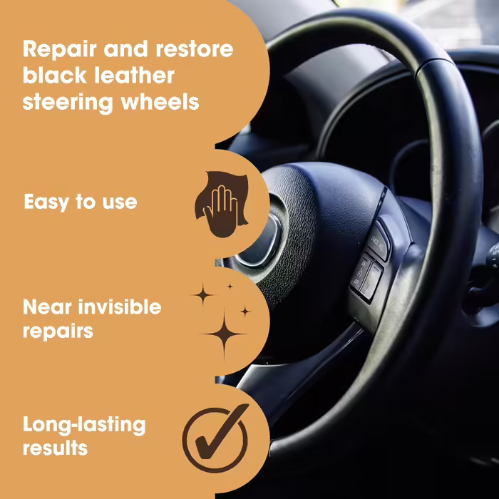 Leather Steering Wheel Repair Kit (black) – removes grease deposits, repairs damage, and restores the color on any worn leather steering wheel.