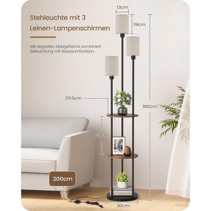 Стельова лампа для вітальні з поличкою, 3-хламкова, вінтажний стиль, бохо, з дерева, з вимикачем на ніжці, E27, ретро, коричнево-бежева ZEF53LDD05