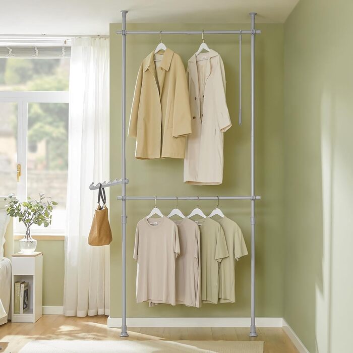 SoBuy® FRG109 Telescopic Wardrobe System with 2 Clothes Rails, Clothes Storage System, Shelf System, Clothes Rack (Light Grey)