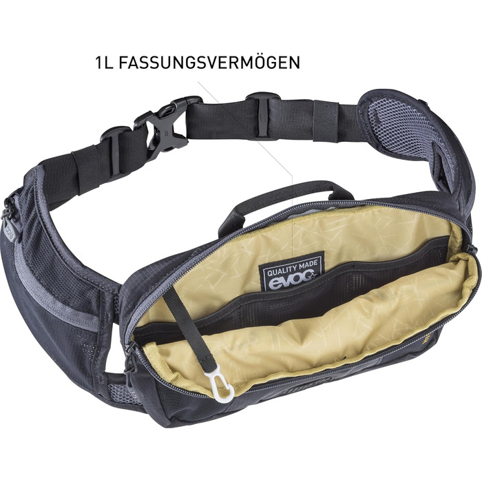 Поясна сумка EVOC HIP Pouch 1 л чорна для велосипедистів, з системою AIR PAD, двома кишенями на поясі і додатковими відділеннями, для велотурів та трейлів
