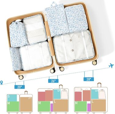Органайзер для валізи, набір 10 шт. Packing Cubes для подорожей, аксесуари для валізи, органайзери для одягу, косметичка, набір для подорожей (Блакитний квітка)