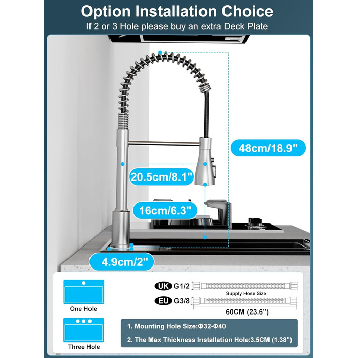 Висувний змішувач для кухні з високим тиском, кухонна арматура з поворотним виливом 360°, 4 режими, високий вигин, нержавіюча сталь, щіткова обробка, змішувач для раковини з одним отвором, ABS-розпилювач, з'єднання G3/8 (тільки для ЄС)