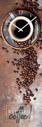 Настінний годинник із скла First Coffee, безшумний, 20x60 см, металева стрілка, для кухні, прямокутний, виготовлено в ЄС, для кавоманів