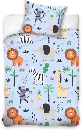 Комплект постільної білизни для дитячого ліжечка Kinder з 100% бавовни (100x135 см) з тваринами. Підходить для хлопчиків, легко періть при 60°C. Включає постільну білизну та подушку (40x60 см).