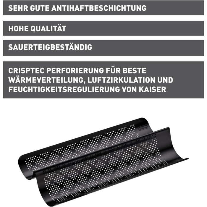 Форма для випічки багетів Kaiser Inspiration перфорована 40.5x20 см, для 2 багетів, антипригарна, стійка до кислого тіста, чорна