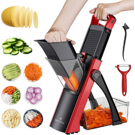 Мандоліна слайсер ONCE FOR ALL Upgrade Safe: великий, регульований подрібнювач овочів та продуктів, для нарізки картоплі фрі, знімні леза (червоний/чорний)
