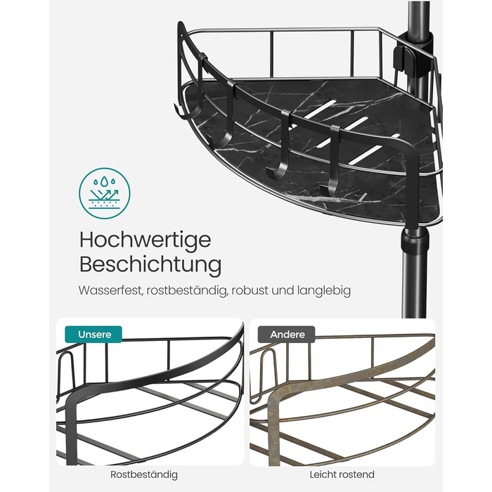 SONGMICS Поличка для душу та ванної кімнати, без свердління, 4 яруси, регульована висота, чорний BCB003B01
