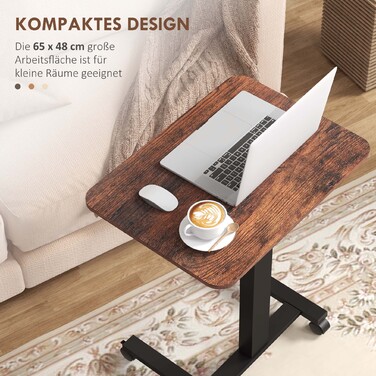 Vinsetto Adjustable Height Laptop Table with 4 Wheels, 2 Brakes, 65 cm x 48 cm x 108 cm, with Hand Crank, Brake, Particleboard, Rustic Brown | Aosom