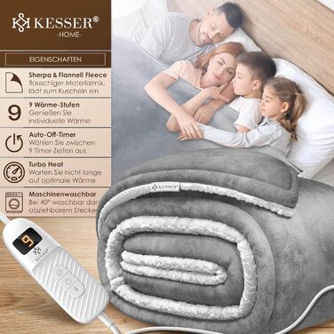 Електрична гріюча ковдра KESSER® 180x130 см з автовимкненням | 9 температурних режимів | Зручна ковдра на ліжко та диван | Можливість прання до 40°C | Сіра | з таймером та цифровим дисплеєм