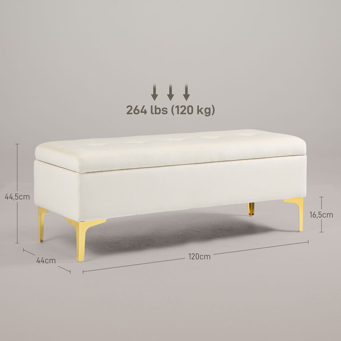 HOMCOM Storage Bench Upholstered Bench Velvet Look Metal Legs Bed Bench for Living Room Bedroom Hallway 120 x 44 x 44.5 cm Beige