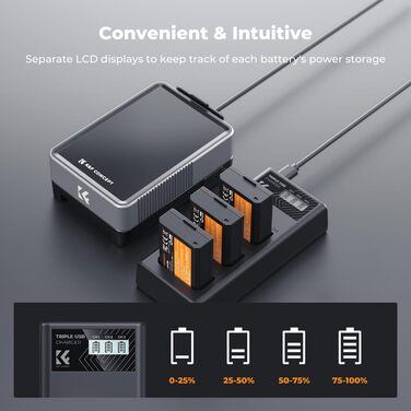 Набір акумуляторів K&F CONCEPT LP-E10 (3 шт.) з LCD-зарядним пристроєм для Canon EOS Rebel T7, T6, T5, T100, Kiss X50, X70, X80, X90, 1100D, 1200D, 1300D, 1500D, 2000D