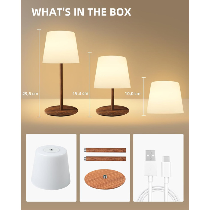 Настільна LED лампа EZVALO бездротова 2 шт, IP65, 4500mAh USB-C, диммер сенсорний, 3 кольори світла, для дому та кемпінгу (дерев'яний)