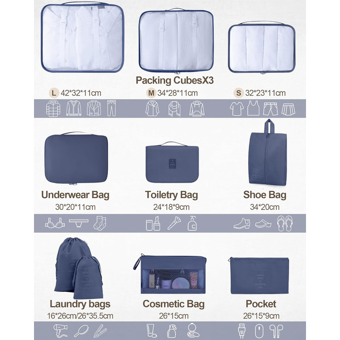 Органайзери для валізи, дорожні аксесуари, водонепроникні сумки-органайзери, 10 шт., Бежевий (Темно-синій, 10 шт.)