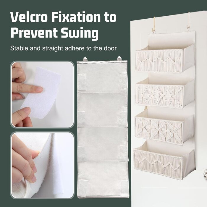 Органайзер для дверей з 4 кишенями, Бохо декор, настінне кріплення, для спальні, дитячої кімнати, ванної кімнати, слонова кістка