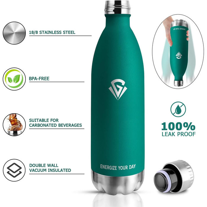 Термофляга 1000 мл, металева, з подвійними стінками, без BPA, для кемпінгу, дітей, фітнесу, спорту, подорожей, підходить для газованої води (зелена)