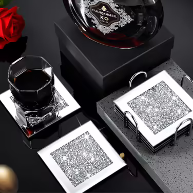 7-Piece Glass Coaster Set, 6 Square Crystal Coasters with Holder for Drinks, Silver, Glitter, Table, Bar Accessories