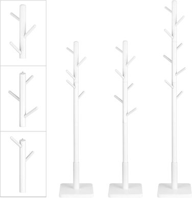 VASAGLE Coat Rack, Clothes Rack Solid Wood, Tree Shape Jacket Stand, 8 Hooks for Jackets, Hats, for Entryway, Hooks and Hold Bar Made of Rubber Wood, Cloud White RCR010W02