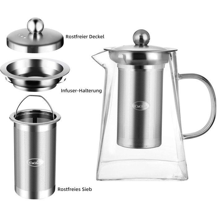 Скляний чайник CNGLASS з ситечком зі сталі, 900 мл, термостійкий заварник для листового та розквітного чаю