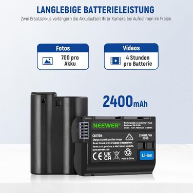 Акумулятор NEEWER 2280mAh (2 шт.) з USB-зарядним пристроєм, сумісний з Sony ZV-E10II, A9III, A7CII, ZV-E1, A7III, A7IV, FX3, FX30, A6700, A1, A7C, A7CR, A7RIV, A7RV, A7SIII, A9II (EN-EL15c)