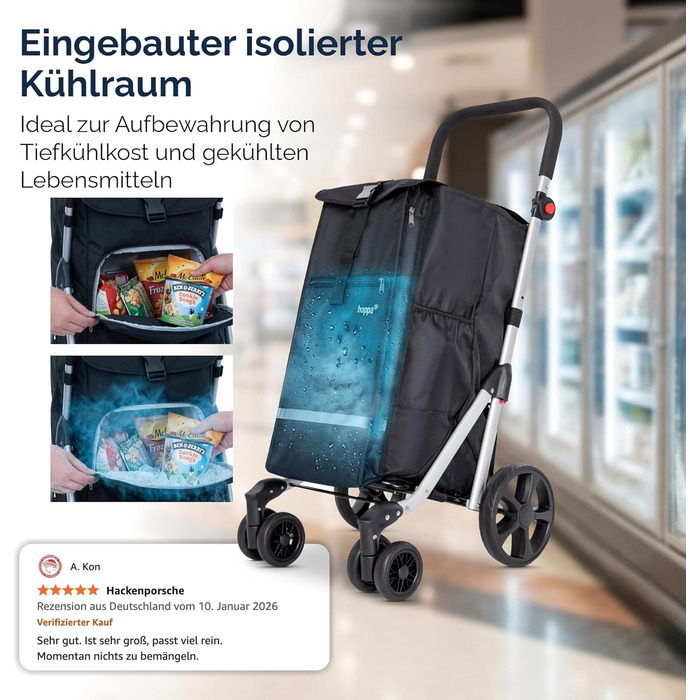 Hoppa – Розкладний візок для покупок | Великий 74L | Легкий візок на 6 колесах з 5 кишенями | Міцний та водонепроникний | Ідеальний для щоденного використання