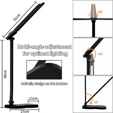 LED лампа настільна LQWELL® QM019, чорна: регулювання яскравості, 5 кольорів, 10 рівнів, USB-зарядка, сенсорне керування, пам'ять, для дітей, офісу