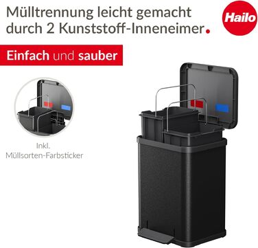 Подвійне сміттєве відро Hailo Öko duo Plus M, 2 x 9 л, сталевий роздільник сміття з кришкою Soft Close для кухні, чорний