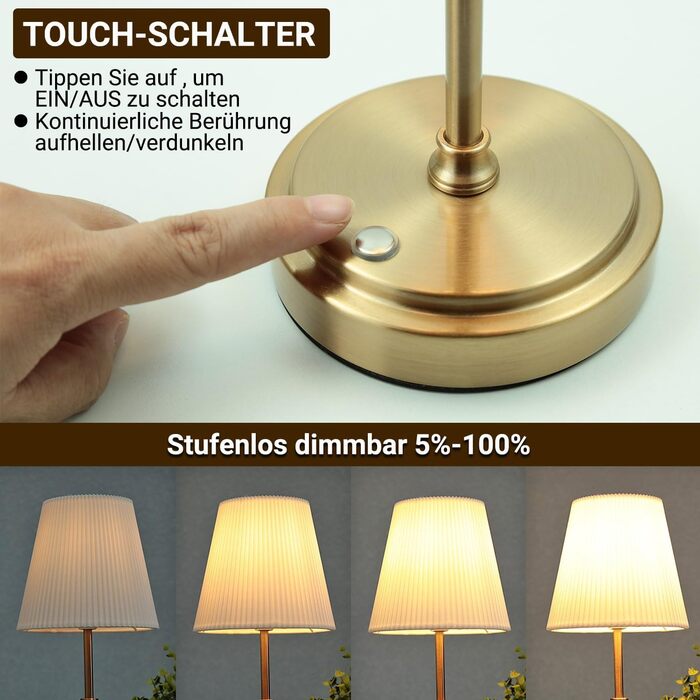 LED настільна лампа бездротова, акумуляторна, 3000mAh, торшер для спальні, вітальні, на терасу, регулювання яскравості, сенсорне управління, ретро-золотий