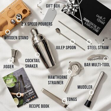 Професійний набір для приготування коктейлів Oak & Steel з нержавіючої сталі (13 предметів) з дерев'яним підставкою, рецептами коктейлів та шотів - аксесуари для бару