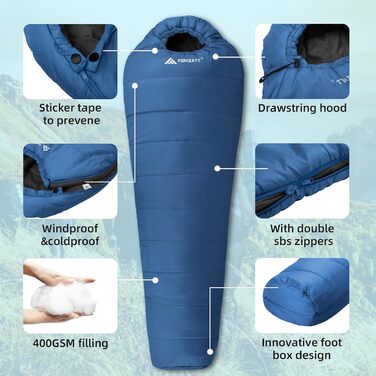 Спальний мішок Forceatt -10°C~15°C, 4 сезони, зимовий для дорослих, водонепроникний, ультралегкий для кемпінгу, подорожей, намету, активного відпочинку. -10°C, синій
