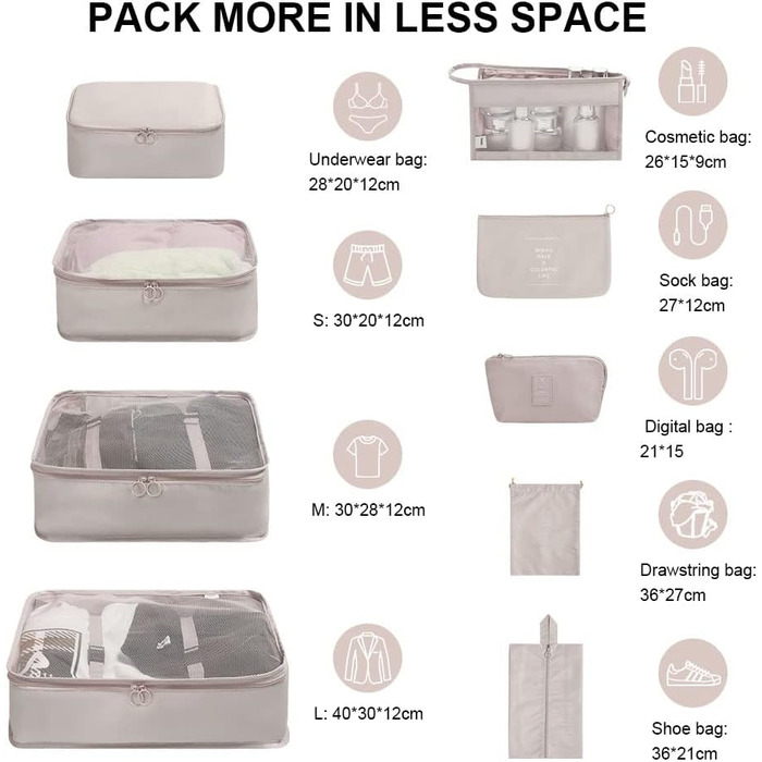 Органайзер для валізи OSDUE, набір 9 шт: кубики для пакування, водонепроникні сумки для одягу, косметичка, кишеня для USB-кабелів (бежевий)