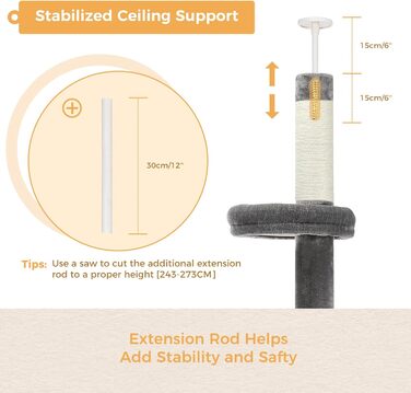 Комплекс для котів PAWZ Road, 5-ярусний, від підлоги до стелі, регульована висота, багатофункціональний: кігтеточка, ліжко, іграшка-кулька (сірий)